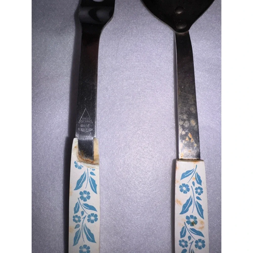 Vintage Household Japan Stainless‎ Steel Serving Spoon and Fork Blue Floral MCM